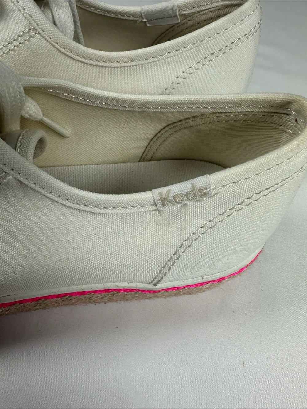 Keds Off-White Canvas Platform Sneakers with Neon Pink Trim